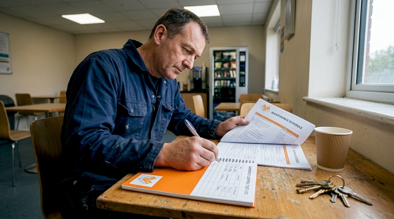 Technician recording emergency lighting logs in notebook