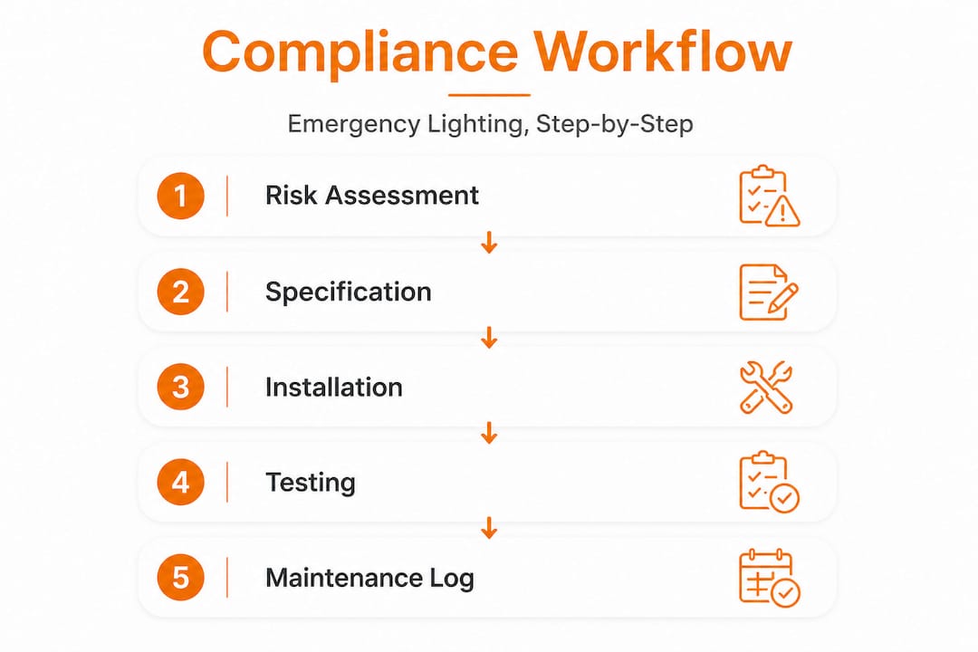 Infographic showing emergency lighting compliance workflow steps