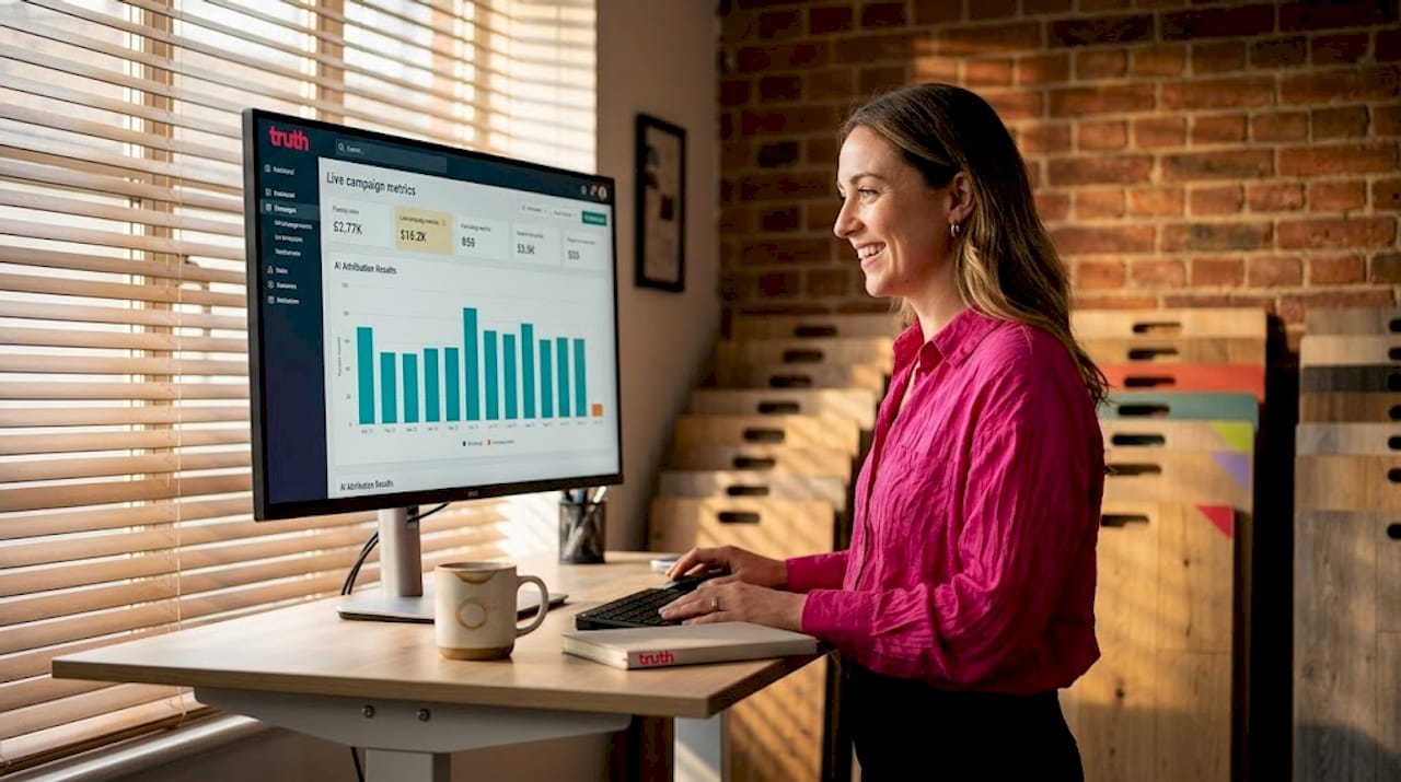 Analyst reviewing AI campaign dashboard results