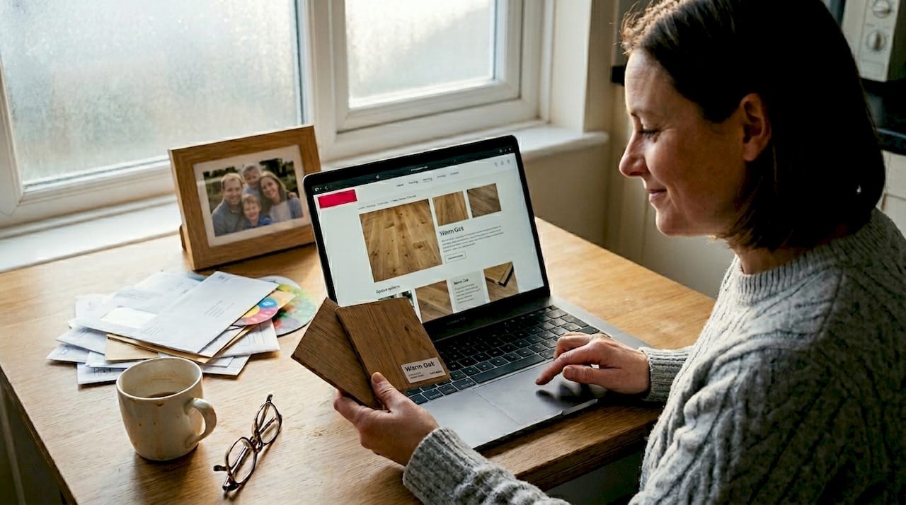 Woman compares flooring sample with website photo