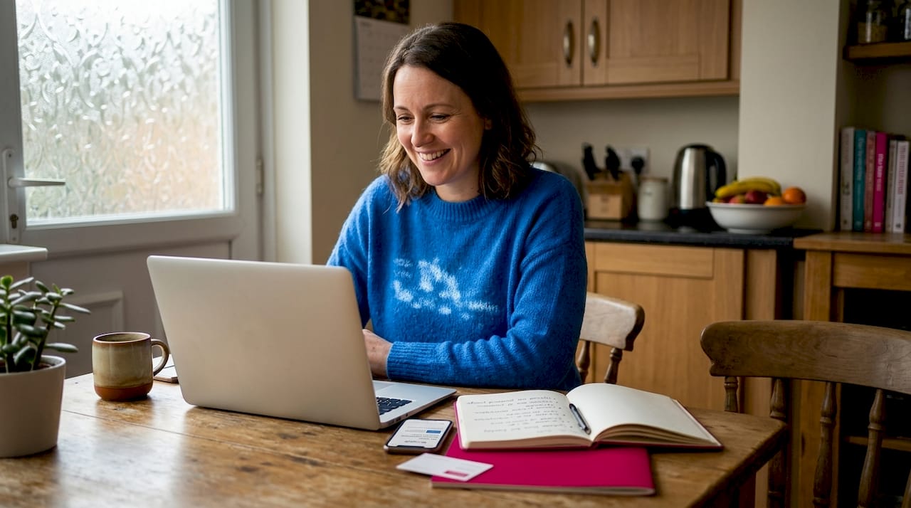 Owner setting up Google listing at kitchen table