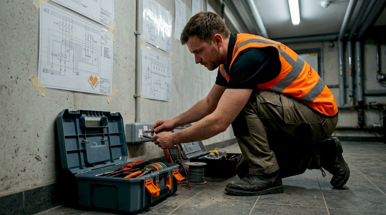 Electrician testing emergency lighting fixture
