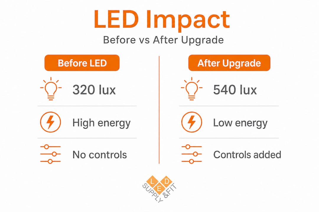 Infographic comparing LED upgrade before and after