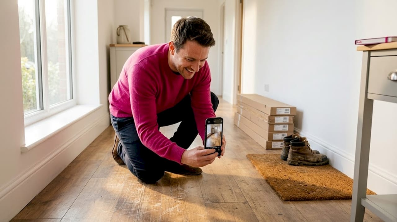Homeowner photographing old floor before renovation