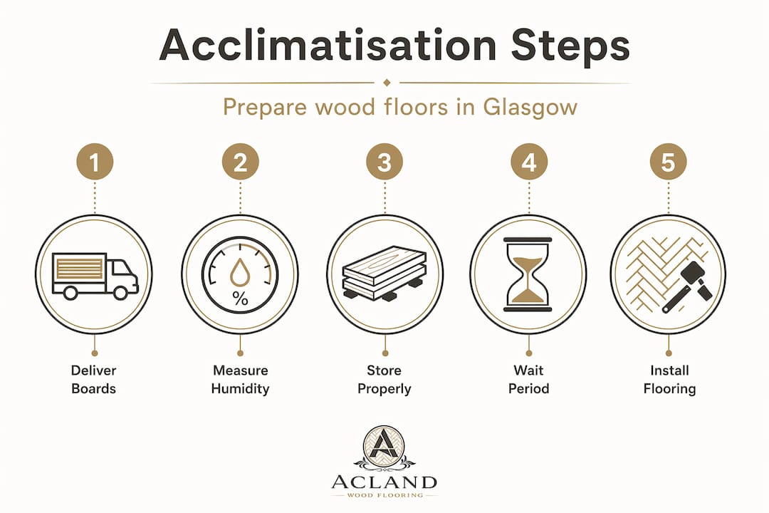 Infographic summarising acclimatisation steps for wood flooring
