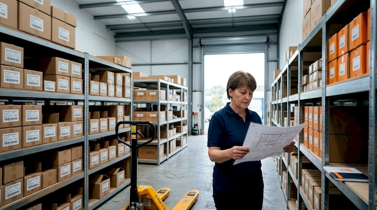 Manager reviews lighting in warehouse bay