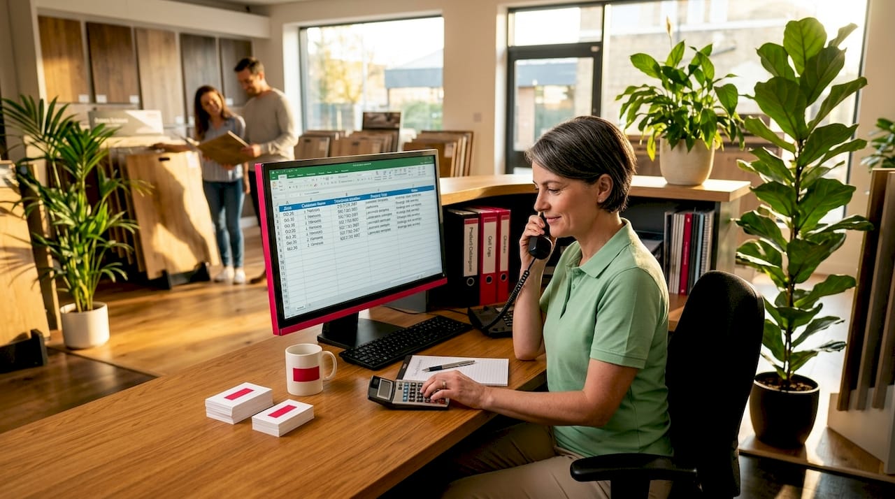 Flooring manager tracks enquiries at desk