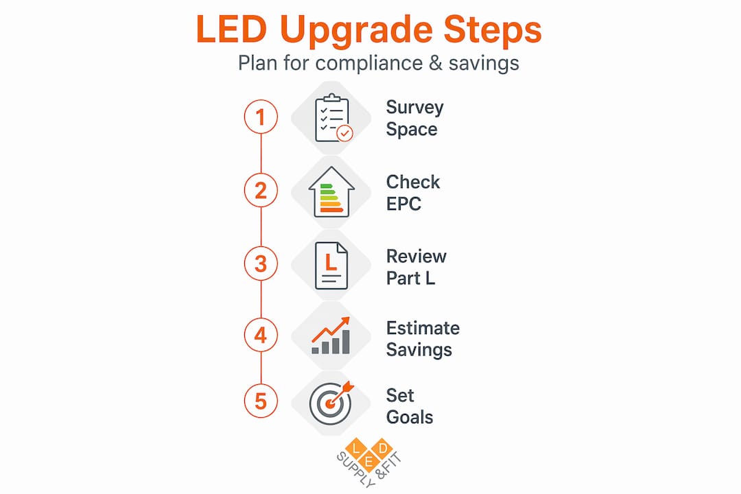 Infographic showing steps for LED compliance planning