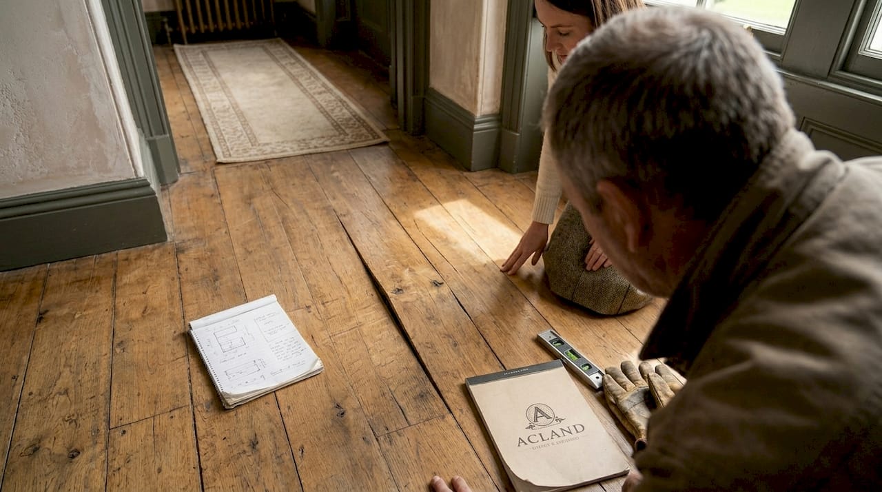 Expert and homeowner inspect warped wooden flooring