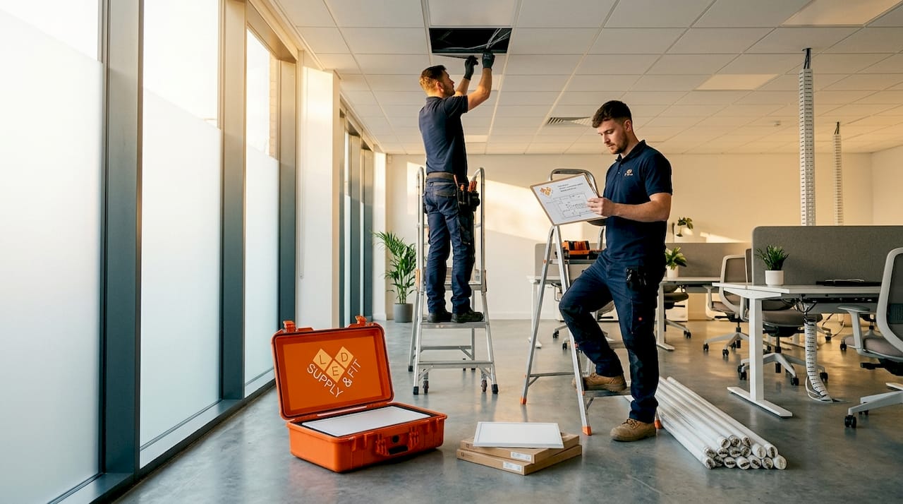 Electricians install LED panels in modern office