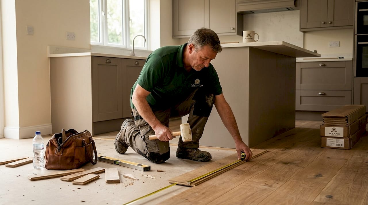 Contractor installing hardwood floor in hallway