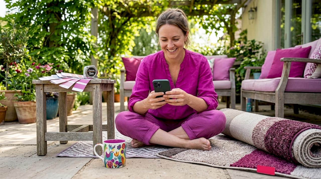 Homeowner scrolling flooring star ratings on phone