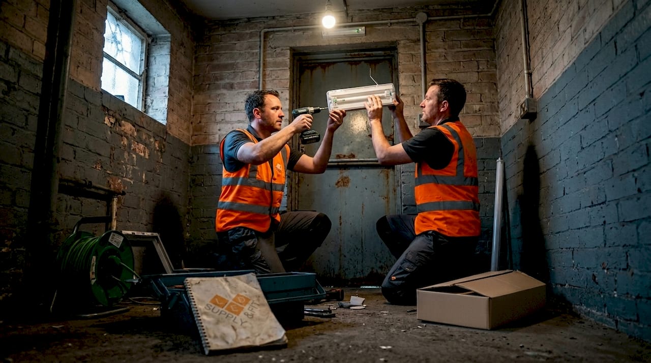 Technicians replacing fluorescent with LED emergency lights