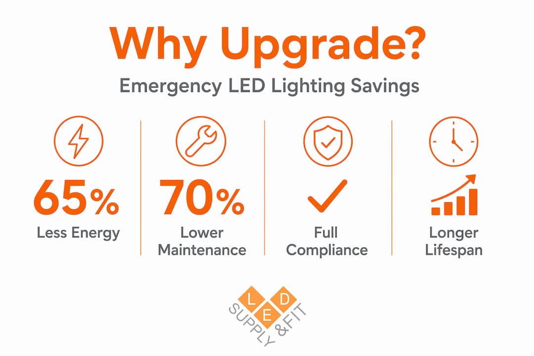 Infographic showing benefits and savings of LED emergency lighting