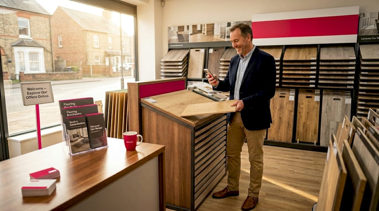 Customer examines flooring sample in store