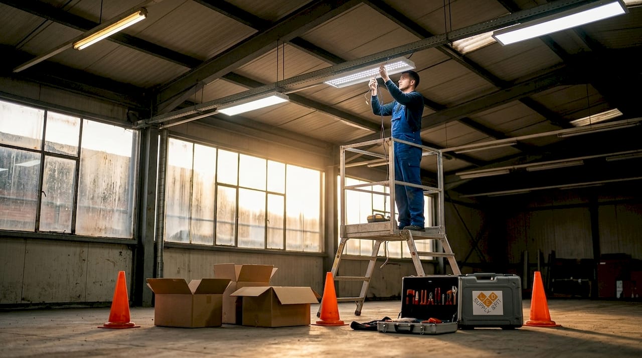 Electrician installing LED lighting in warehouse