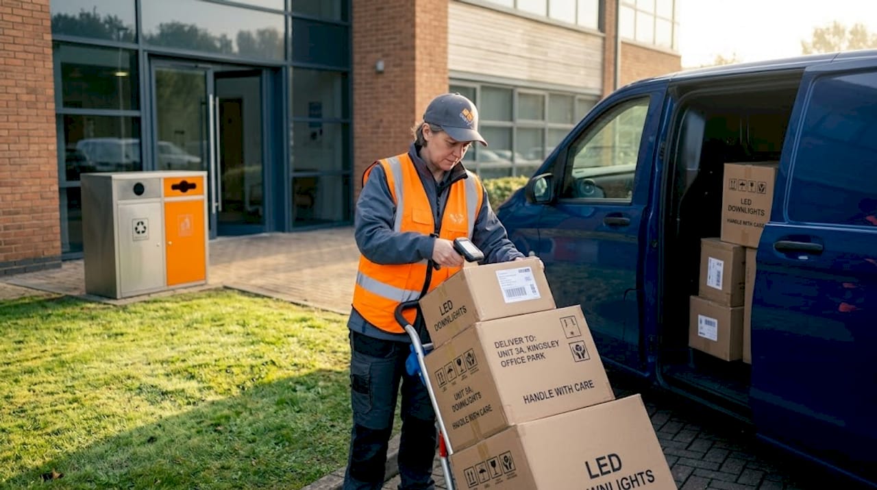 Courier unloads LED lighting boxes at office
