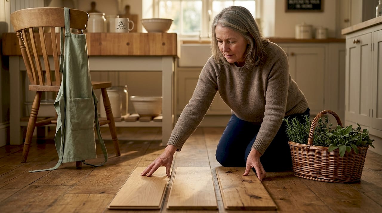 Homeowner comparing hardwood floor plank grades