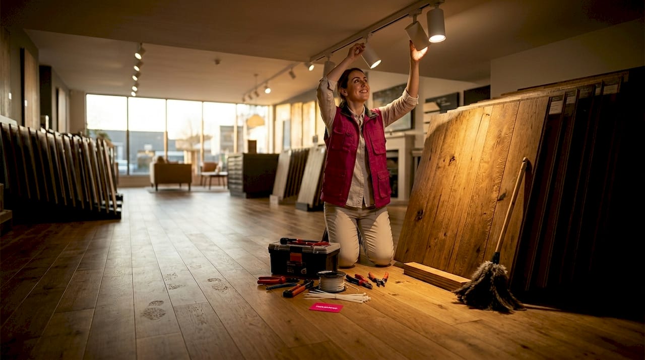 Designer adjusting spotlights in flooring showroom