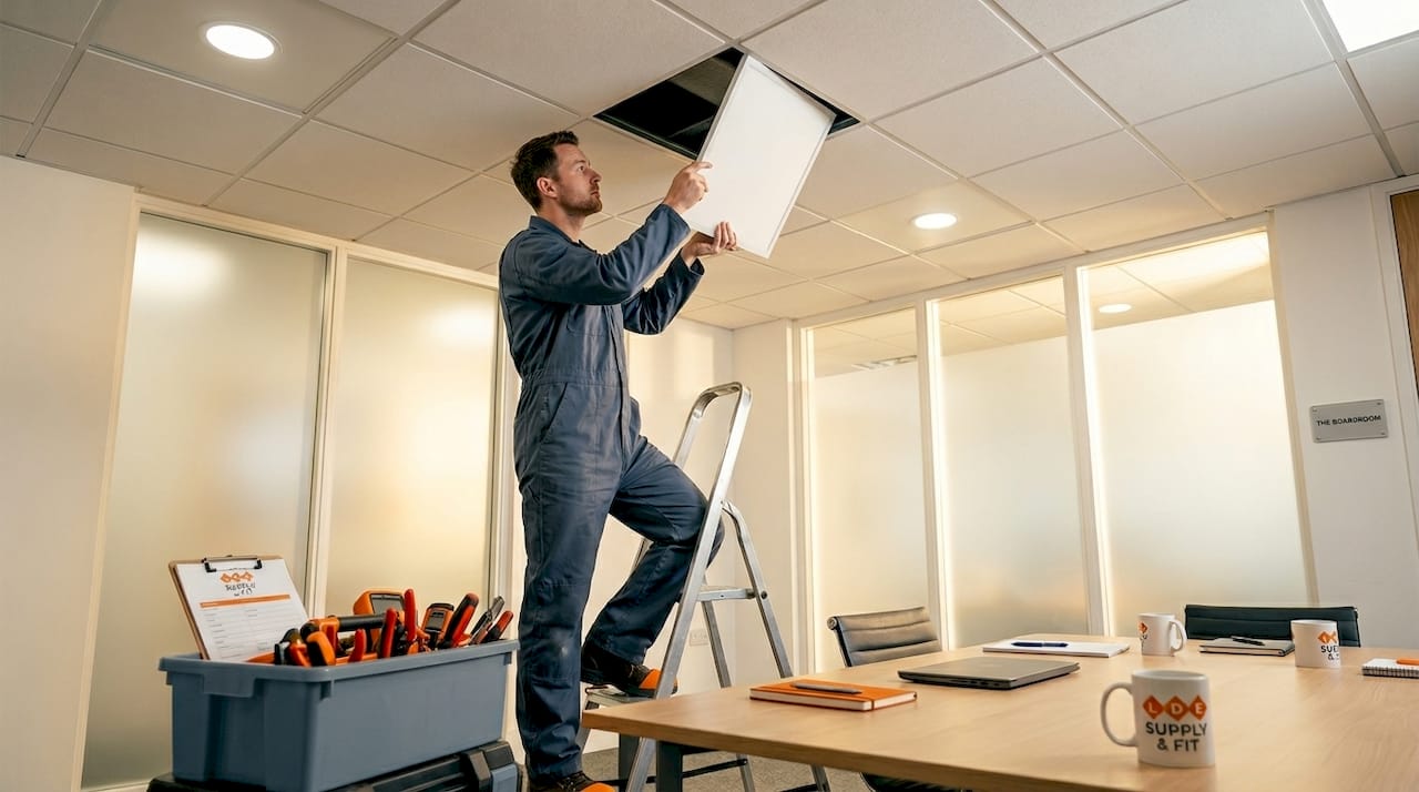 Electrician installing ceiling LED panel in meeting room