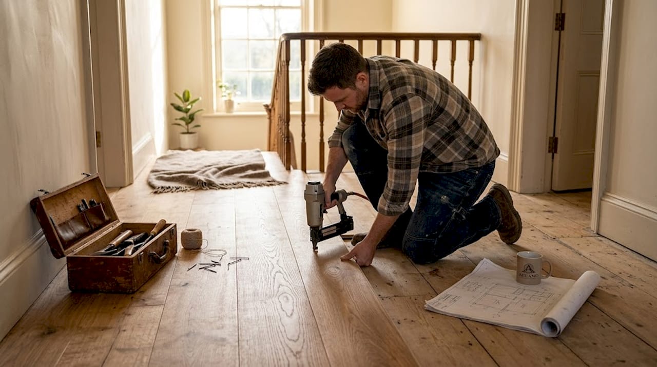 Contractor nailing solid hardwood floorboards