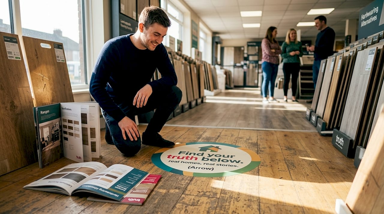 Customer reading retail floor CTA decal