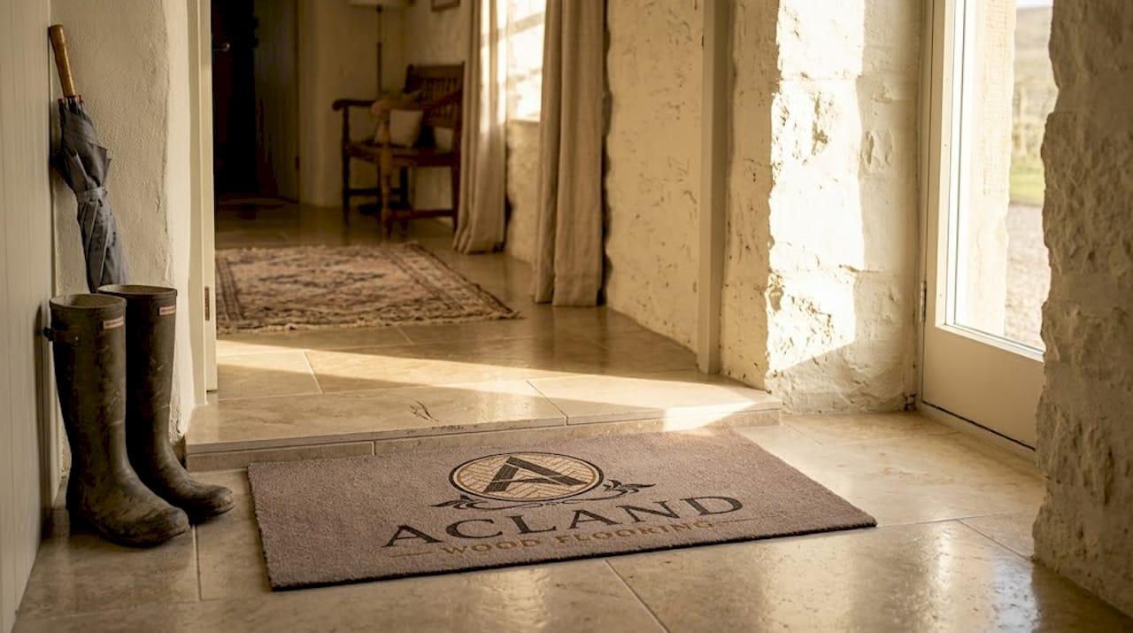 Porcelain tile hallway with muddy boots and umbrella