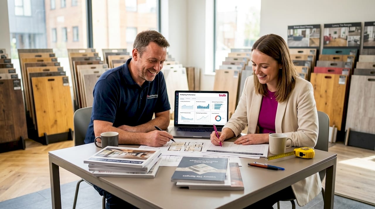 Flooring contractor and consultant discussing website improvements