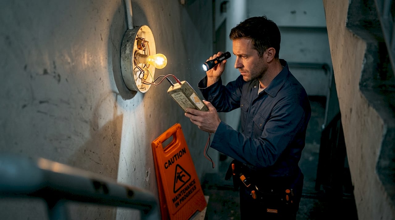 Technician inspecting old commercial stairwell lighting