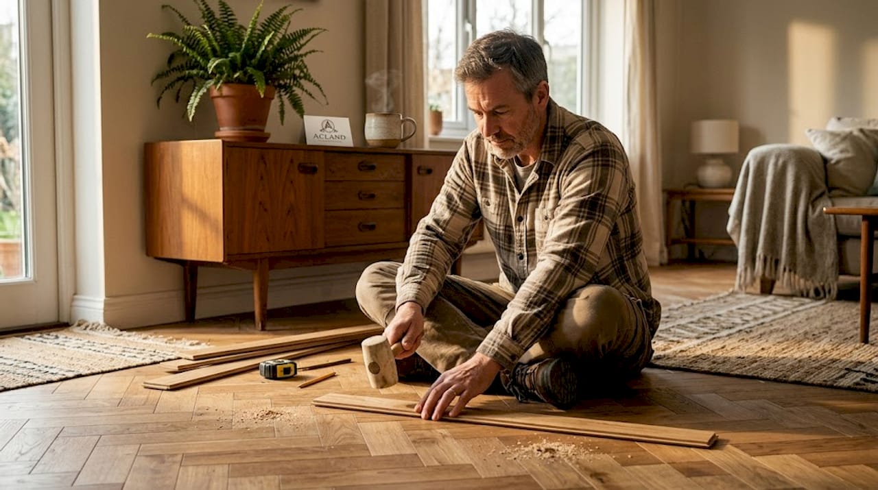 Handyman installing basket weave wood floor