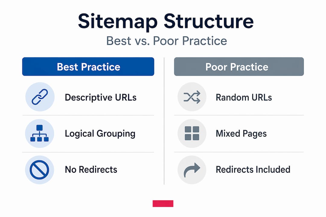 Infographic comparing good and bad sitemap structures
