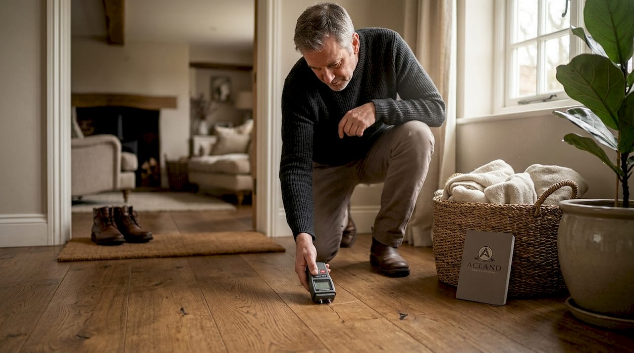 Man checking wood floor moisture with digital tool