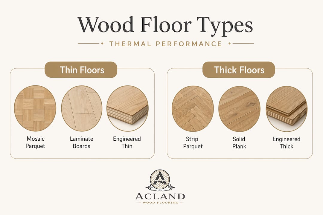 Infographic comparing thin and thick wood floor performance
