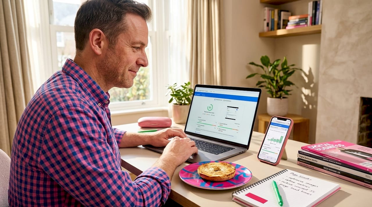 Man reviewing website performance metrics on laptop