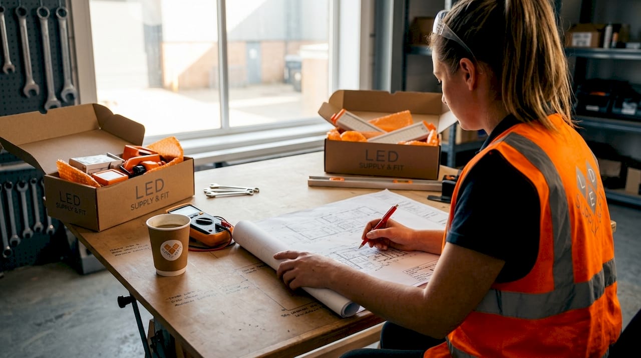 Fitter reviewing building blueprints for lighting layout