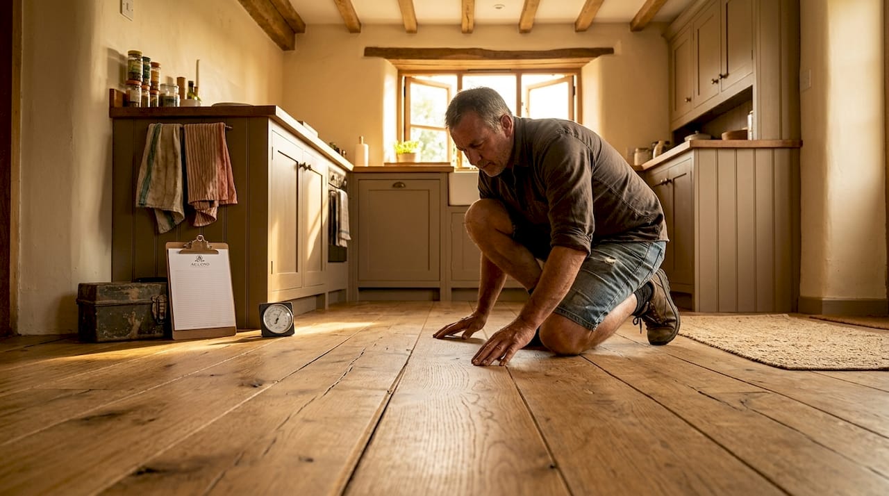 Installer checks warped oak floor gaps