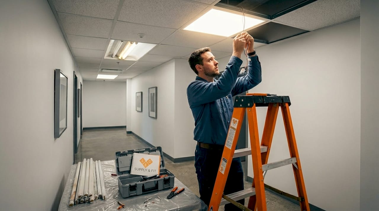 Electrician installing LED lighting in corridor ceiling