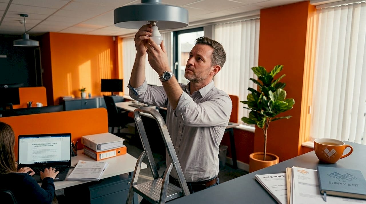Office worker installs LED bulb on ladder