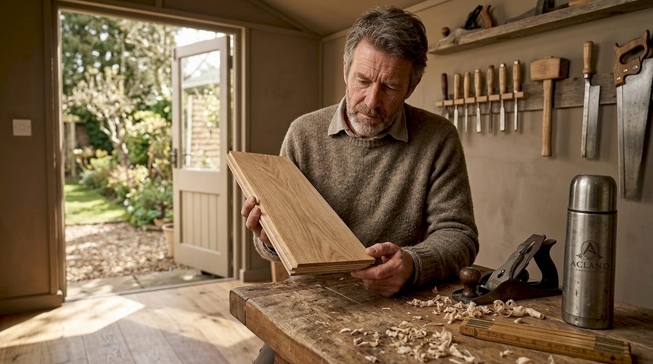 Carpenter showing multi-ply flooring cross-section