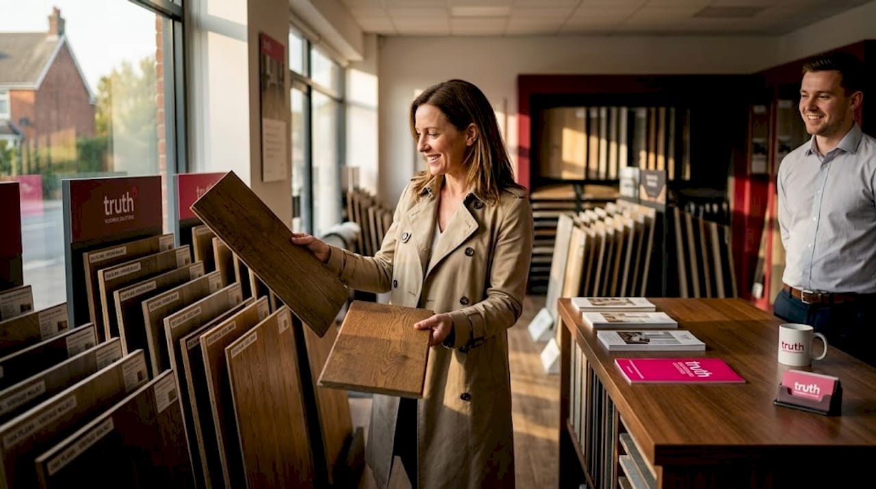 Customer compares flooring planks in retail aisle