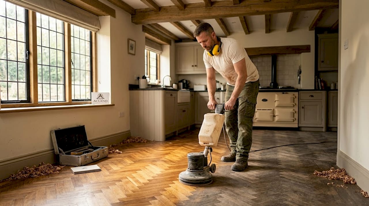 Floor technician sanding hardwood boards