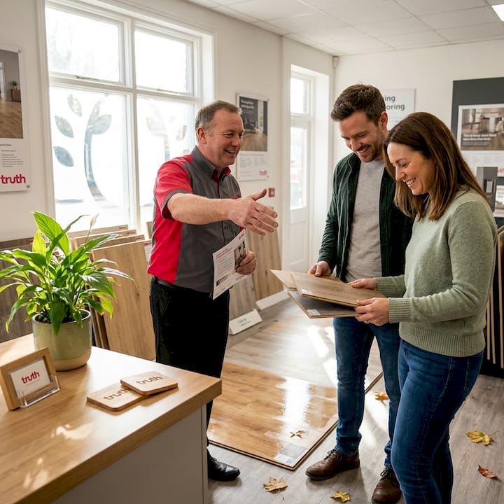 Sales associate engaging customers in flooring showroom
