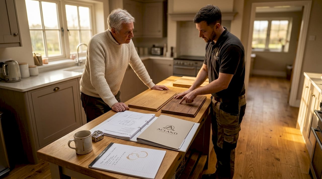 Architect comparing oak and walnut wood samples