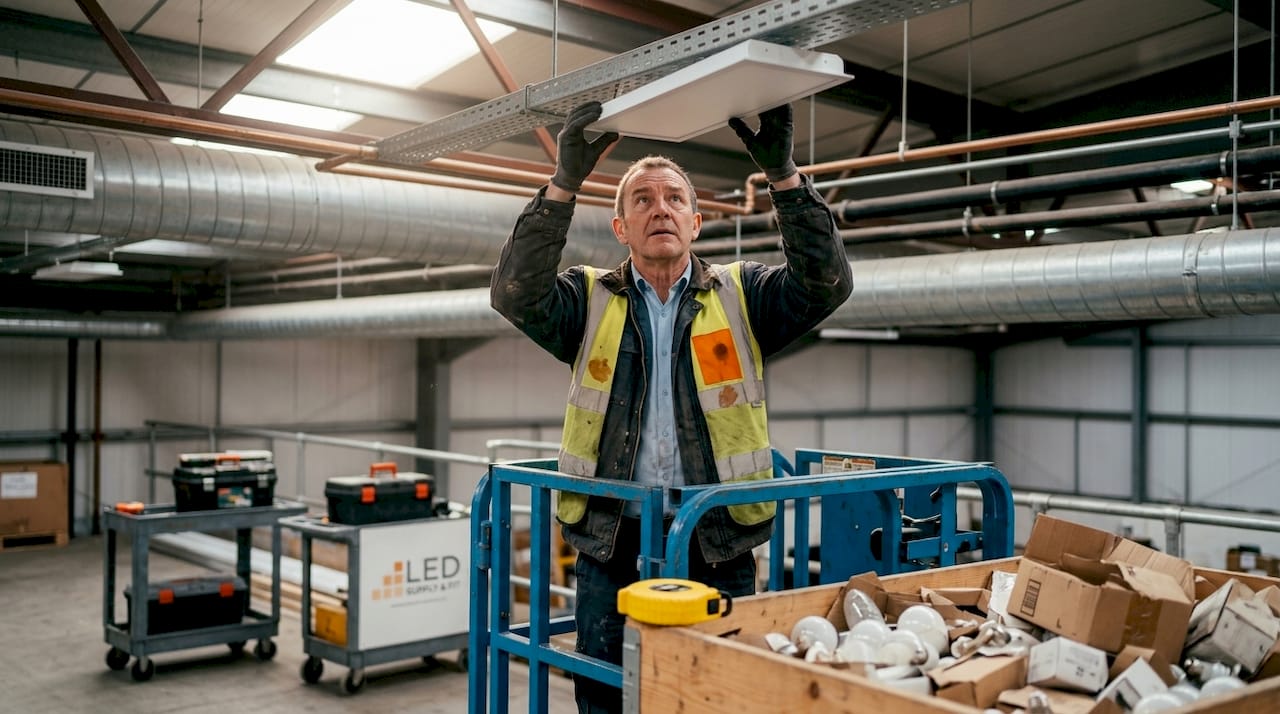 Electrician installing LED lights warehouse