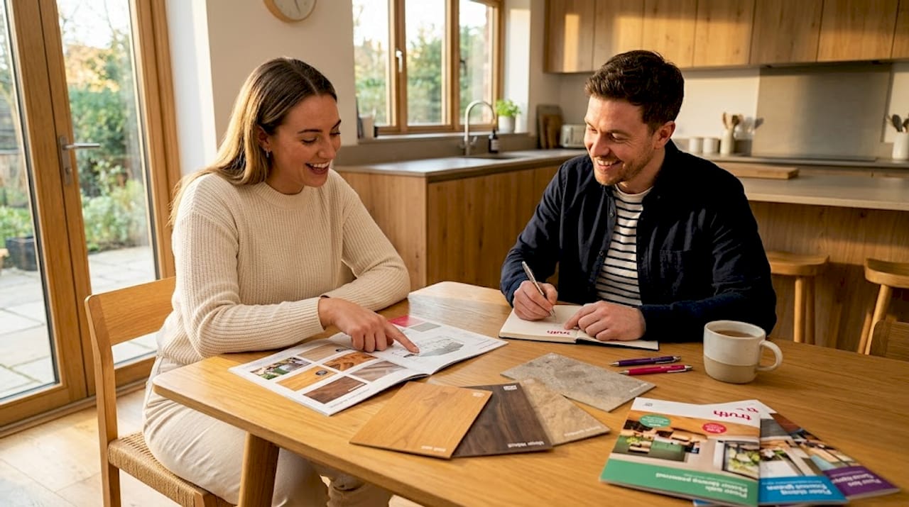Colleagues review flooring product brochures