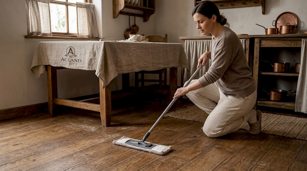 Cleaning hand-scraped wood floor in dining room