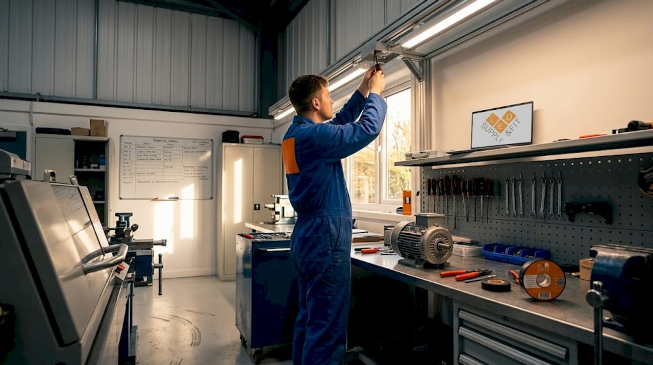 Workshop technician under low bay LEDs
