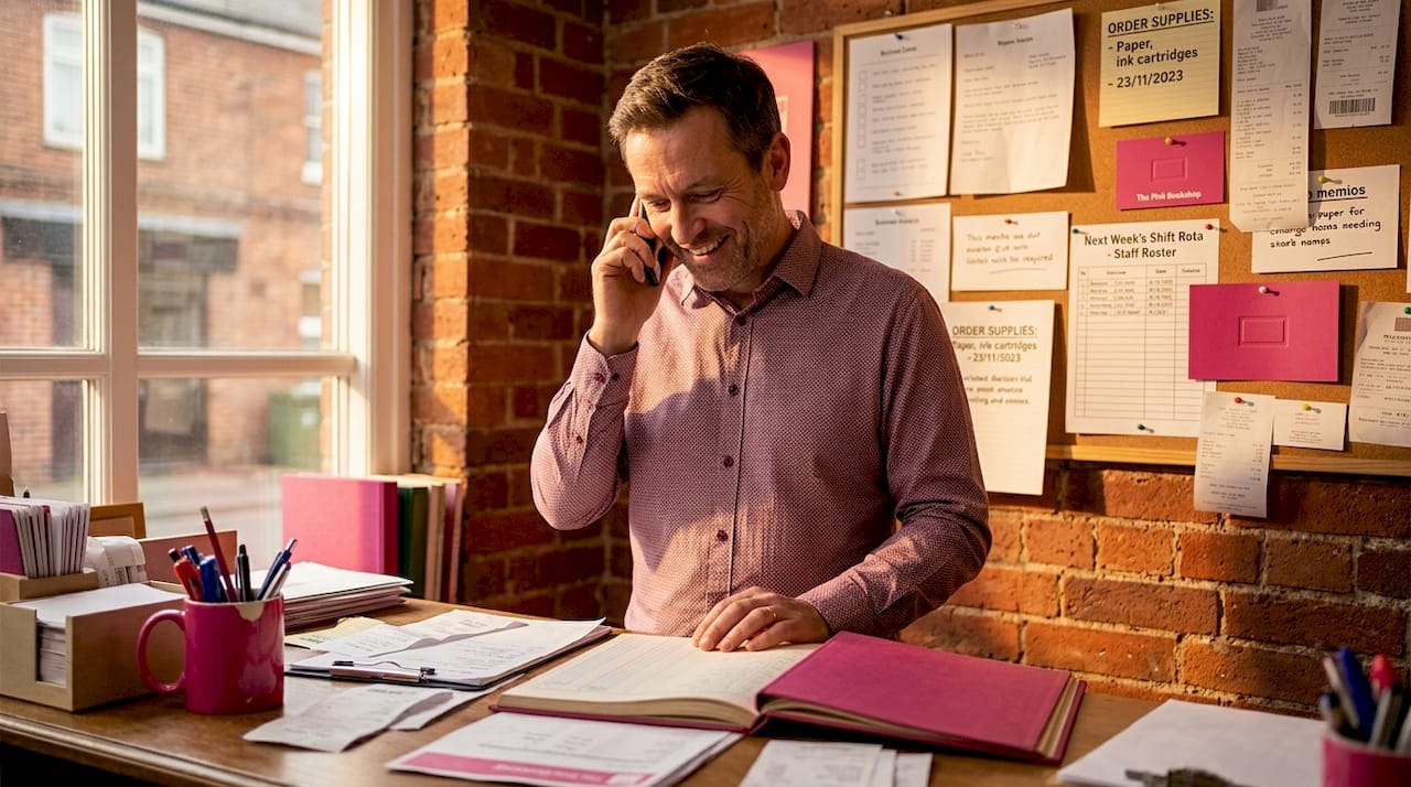 Business owner taking customer call in shop office