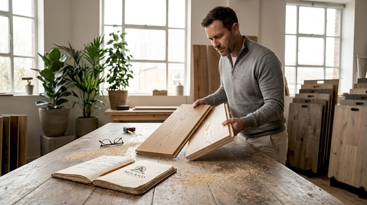 Flooring specialist comparing solid and engineered planks