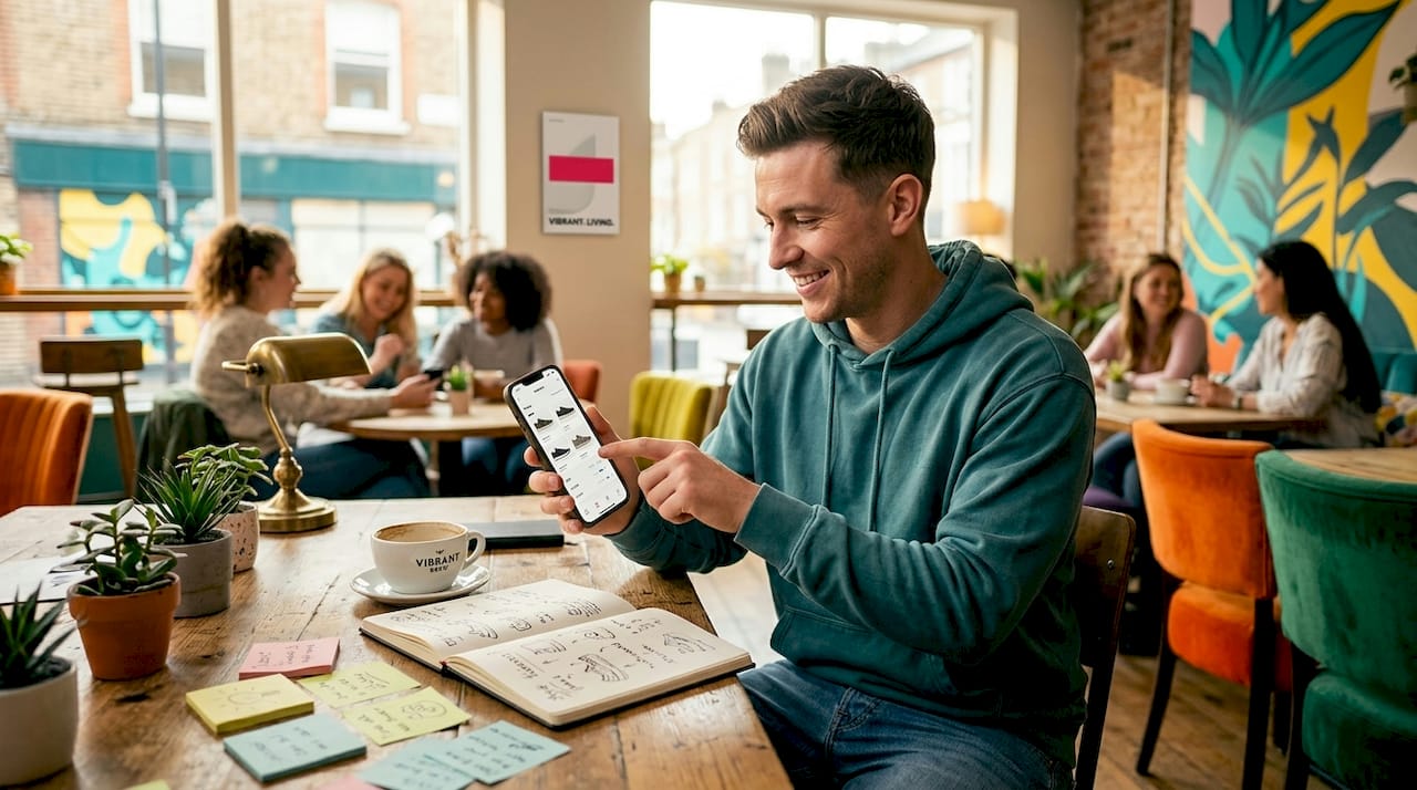 Shopper using filters on phone at desk
